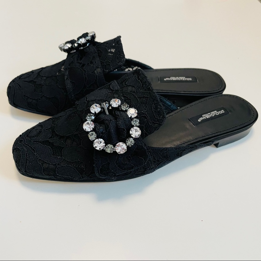 Dolce & Gabbana Black Lace Jeweled Buckle Slip-On Mules - Picture 4 of 8